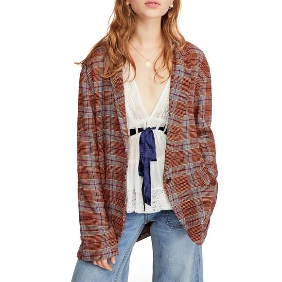 Free People Simply Plaid Blazer Large Linen Blend - Picture 1 of 8